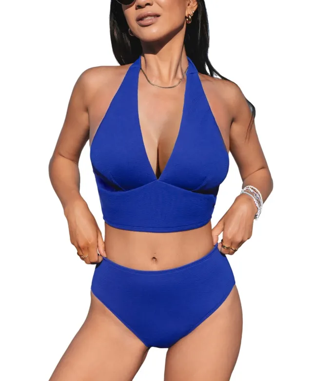 CUPSHE Women's Bikini Top Blue Halter Back Tie Bathing Suit Small