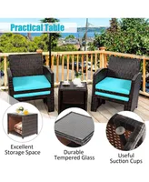 5 Pieces Patio Rattan Furniture Set with Ottoman and Tempered Glass Coffee Table-Turquoise