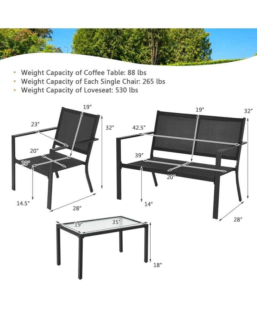 4 Pcs Patio Furniture Set Sofa Coffee Table Steel Frame Garden-Grey
