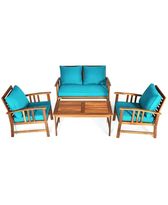 4 Pcs Wooden Patio Furniture Set Table Sofa Chair Cushioned Garden