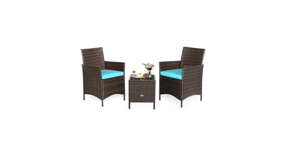 3 Pieces Patio Rattan Furniture Set Cushioned Sofa and Glass Tabletop Deck