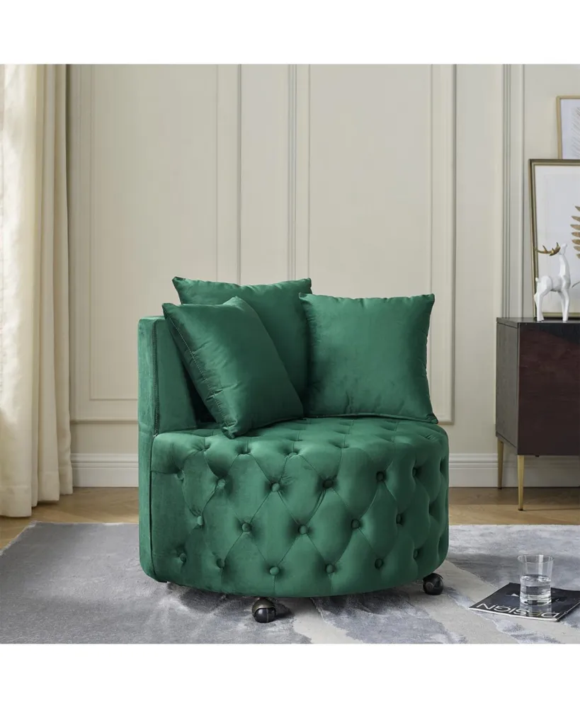 Simplie Fun Velvet Swivel Chair with Tufted Design, Wheels, 3 Pillows