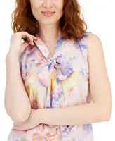 Tahari Asl Women's Floral-Print Tie-Neck Sleeveless Top
