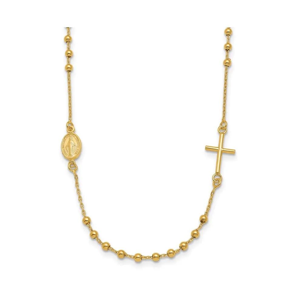 14K Yellow Gold Sideways Cross Beaded Rosary Pendant Necklace 16"