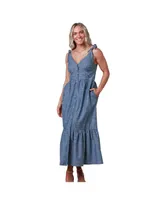 Hope & Henry Women's Bow Shoulder Button Front Chambray Maxi Dress