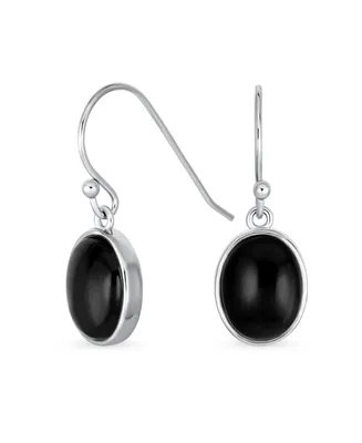 Classic Elegant Black Onyx Bezel Set Oval Cabochon Gemstone Drop Earrings For Women .925 Sterling Silver Wire Fish Hook