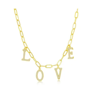 Sterling Silver or Gold Plated Over Cz 'Love' Paperclip Necklace