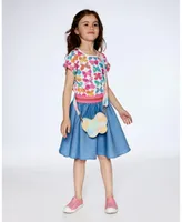 Girl Bi-Material Dress With Chambray Skirt And White Printed Butterflies