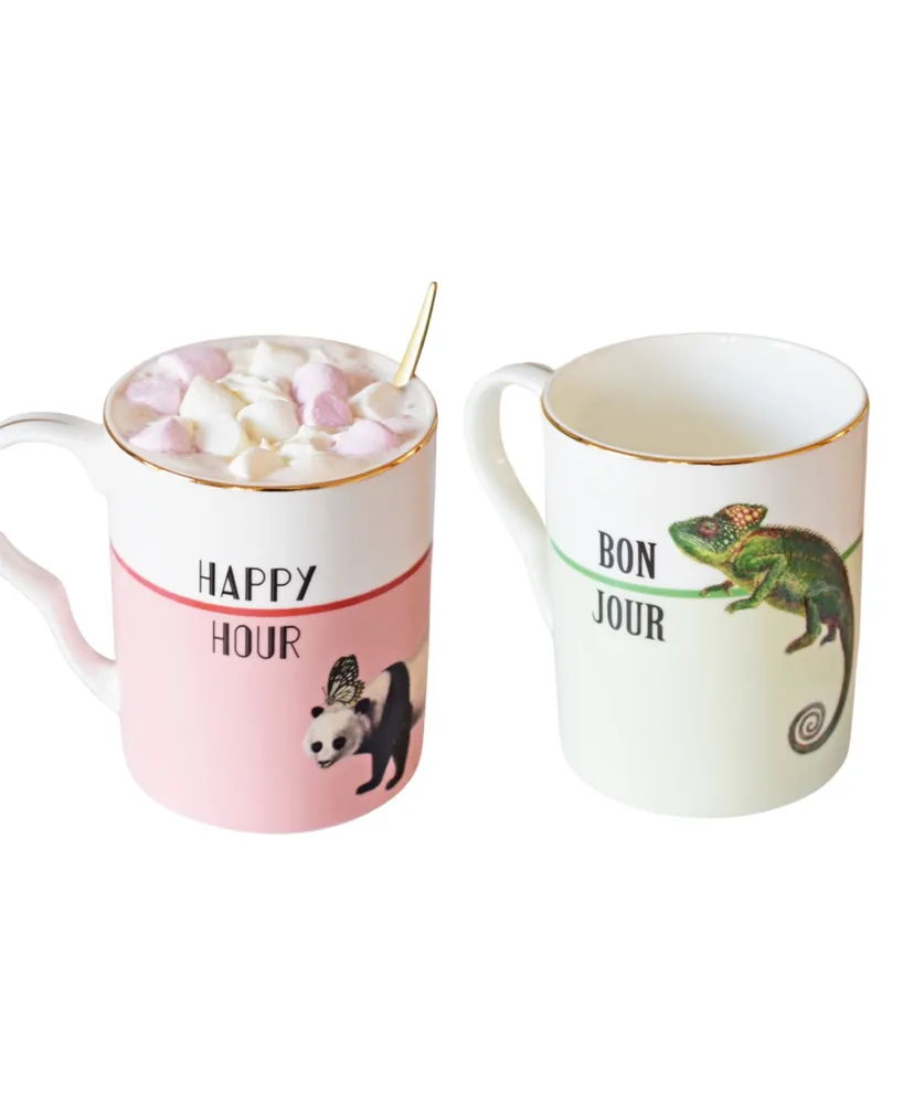 Yvonne Ellen Happy Hour and Bonjour Mugs, Set of 2