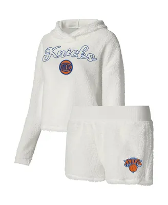 Women's College Concepts Cream New York Knicks Fluffy Long Sleeve Hoodie T-shirt and Shorts Sleep Set