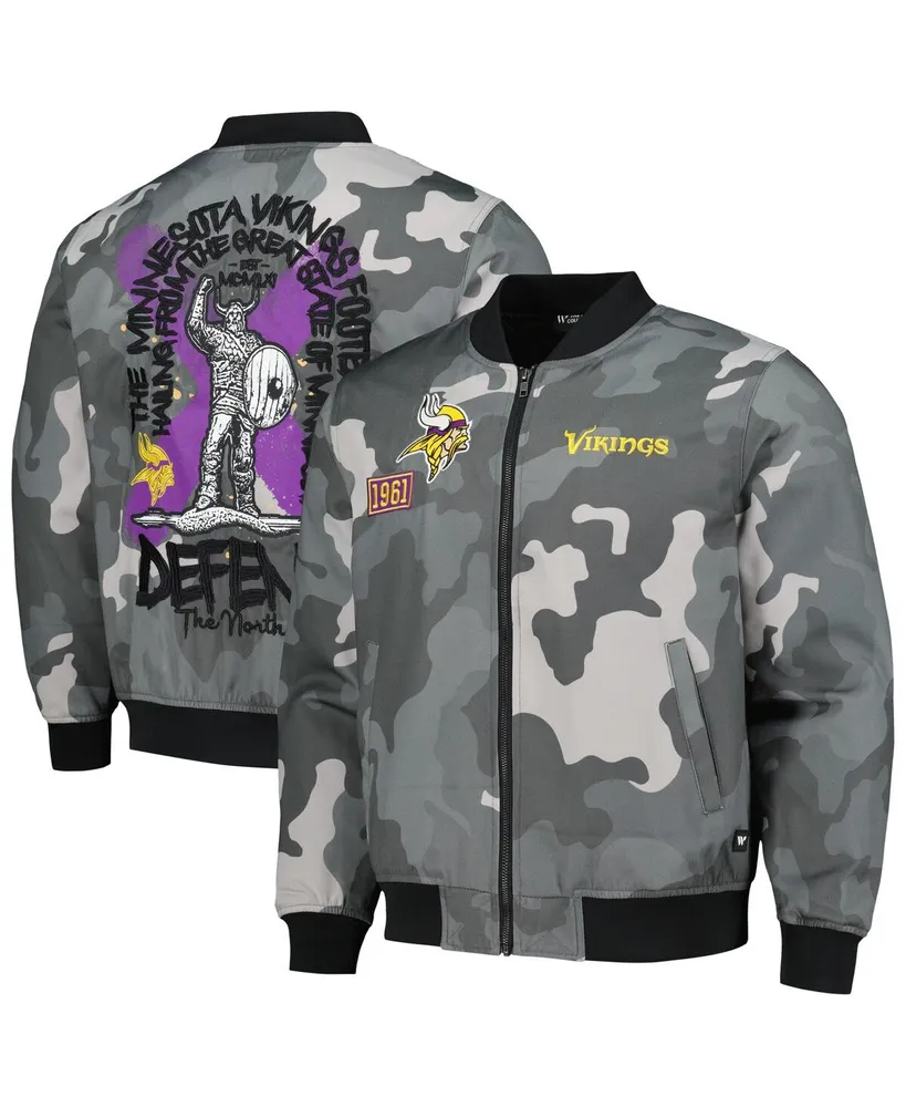 Men's and Women's The Wild Collective Gray Distressed Minnesota Vikings Camo Bomber Jacket