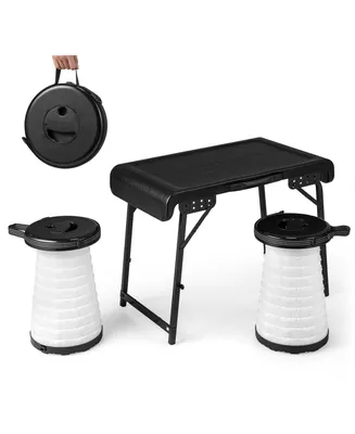 Sugift 3 Pieces Folding Camping Table Stool Set with 2 Retractable Led Stools