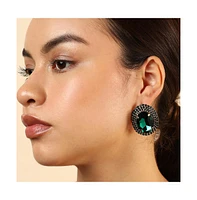 Sohi Women's Green Embellished Oval Stud Earrings