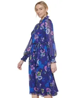 Jessica Howard Women's Printed Tie-Waist Long-Sleeve Dress