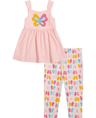 Kids Headquarters Little Girls Butterfly Babydoll Tunic Top and Print Capri Leggings, 2 Piece Set