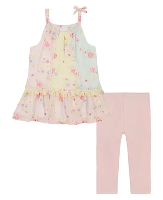 Kids Headquarters Toddler Girls Floral Georgette Babydoll Tunic Top and Capri Leggings, 2 Piece Set