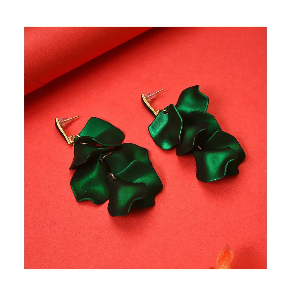 Sohi Women's Green Metallic Petal Drop Earrings