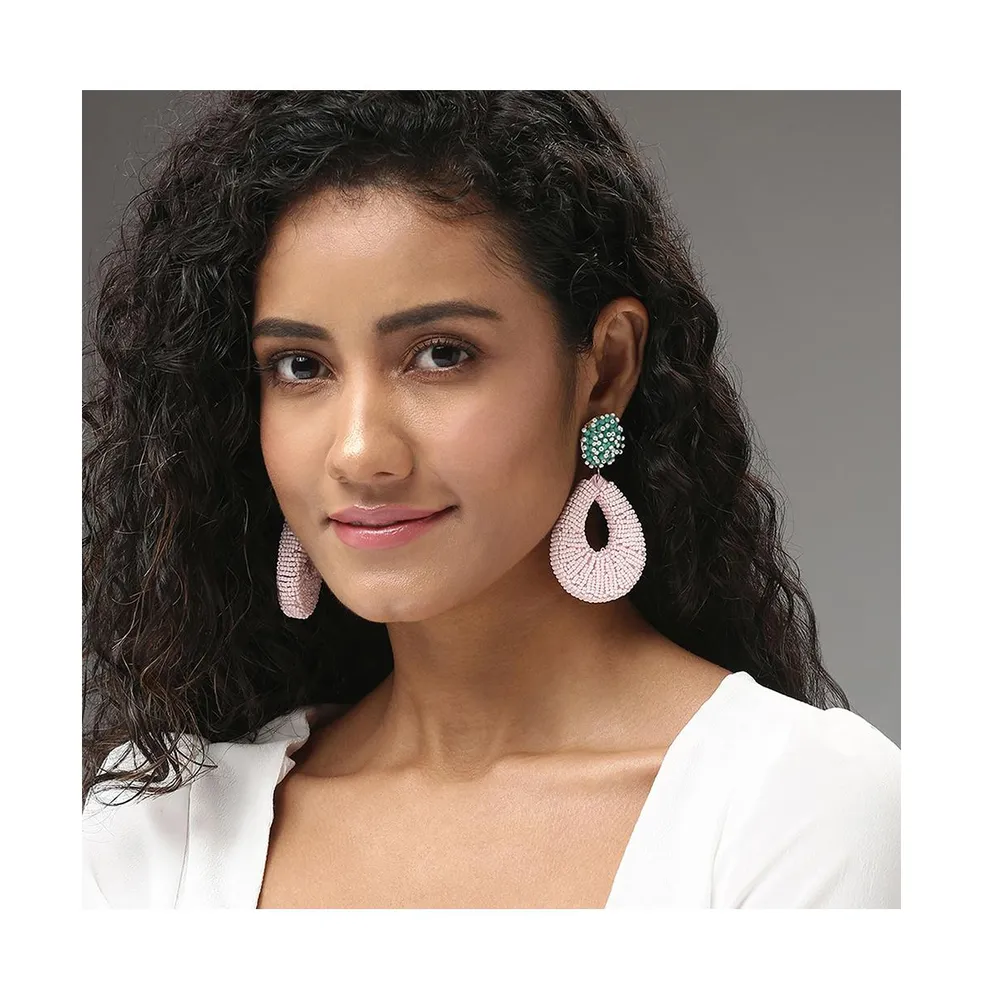 Sohi Women's Pink Beaded Contrast Teardrop Earrings