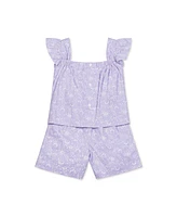 Hope & Henry Girls' Flutter Sleeve Faux Top Pull-On Linen Romper