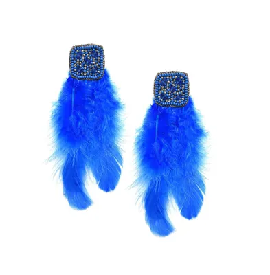 Sohi Women's Blue Beaded Feather Drop Earrings