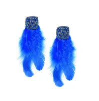 Sohi Women's Blue Beaded Feather Drop Earrings