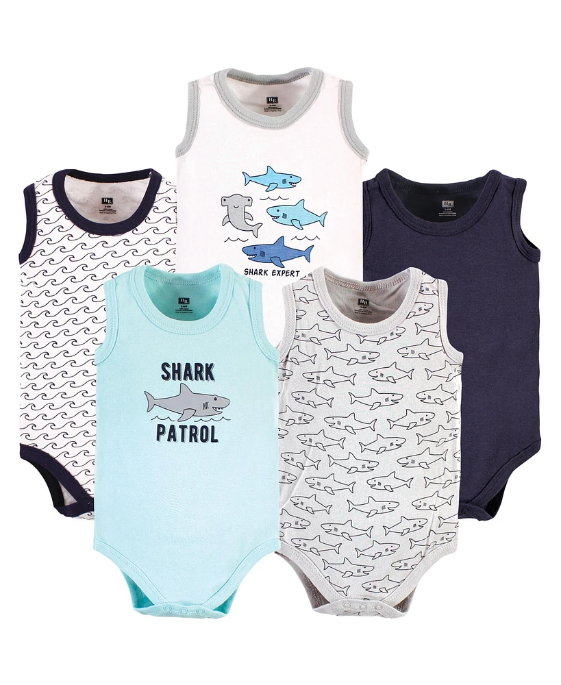 Hudson Baby Boys Cotton Sleeveless Bodysuits, Shark Patrol, 5-Pack