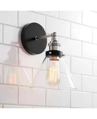 Burke Industrial Modern Wall Light Sconce Black Brushed Nickel Hardwired 7 1/4" Fixture Led Clear Glass Cone Shade for Bedroom Bathroom Vanity Living
