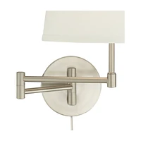 Oray Modern Swing Arm Wall Lamps Set of 2 Brushed Nickel Plug-In Light Fixture Dimmable Off White Drum Shade for Bedroom Bedside House Reading Living