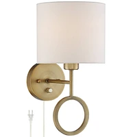 Amid on Modern Indoor Wall Mount Lamp Warm Brass Metal Ring Plug In Light Fixture Dimmable White Drum Shade for Bedroom Bedside House Reading Living R