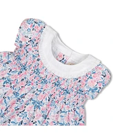 Hope & Henry Layette Baby Girl Short Sleeve Linen Dress with Ruffle Collar, Infant