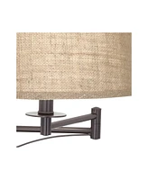 Brinly Farmhouse Rustic Swing Arm Wall Lamp Matte Brown Metal Plug-in 12" Fixture Burlap Hardback Drum Shade for Bedroom Bedside Living Room Hallway D