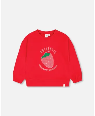 Girl French Terry Sweatshirt With Strawberry Applique True Red