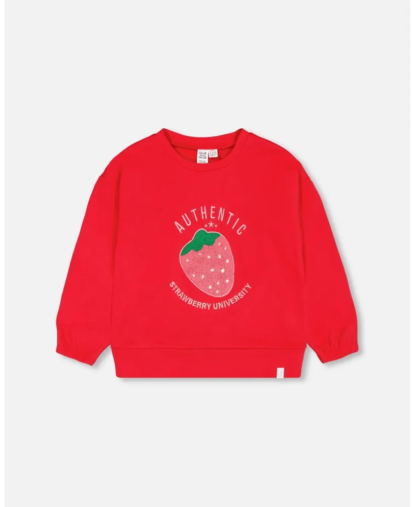 Girl French Terry Sweatshirt With Strawberry Applique True Red