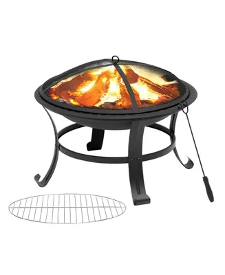 26" Outdoor All-Season Portable Steel Fire Pits Fire Places with Spark Screen, Barbecue Net, Poke