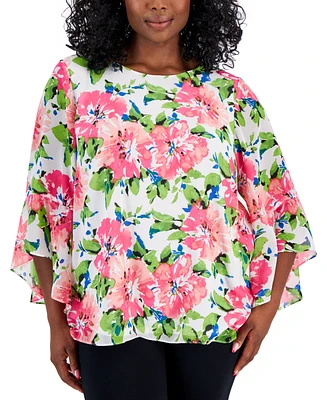 Kasper Plus Floral Ruffled-Cuff 3/4-Sleeve Top, Created for Macy's