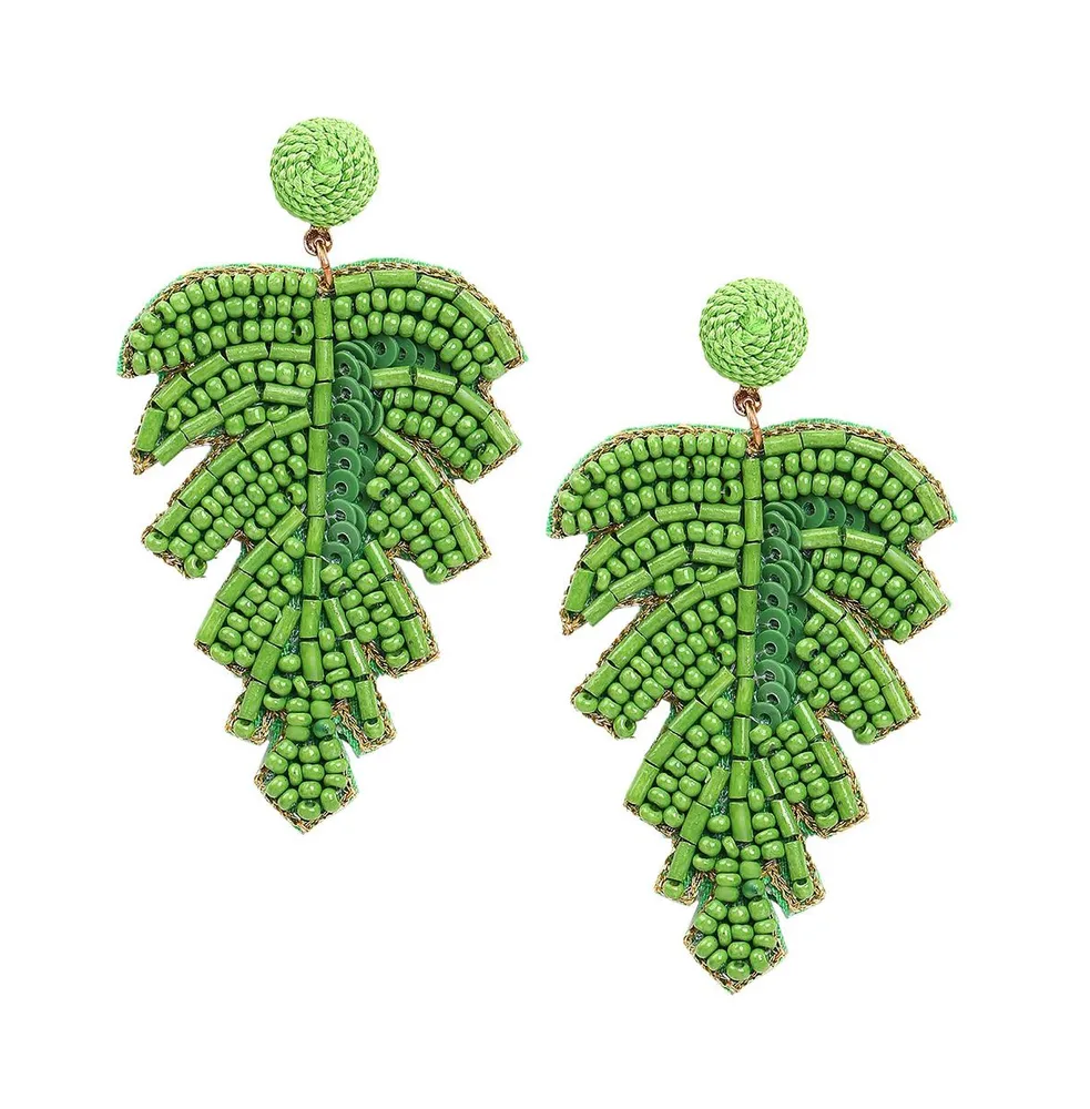 Sohi Women's Green Beaded Leaf Drop Earrings