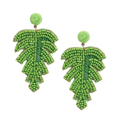 Sohi Women's Green Beaded Leaf Drop Earrings