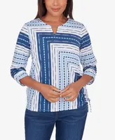 Alfred Dunner Women's In Full Bloom Spliced Texture Stripe Side Tie Top