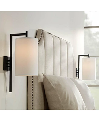 Bixby Modern Wall Mounted Lamps Set of 2 with Cord Black Metal Plug-In Light Fixture White Fabric Drum Shades for Bedroom Bedside House Reading Living