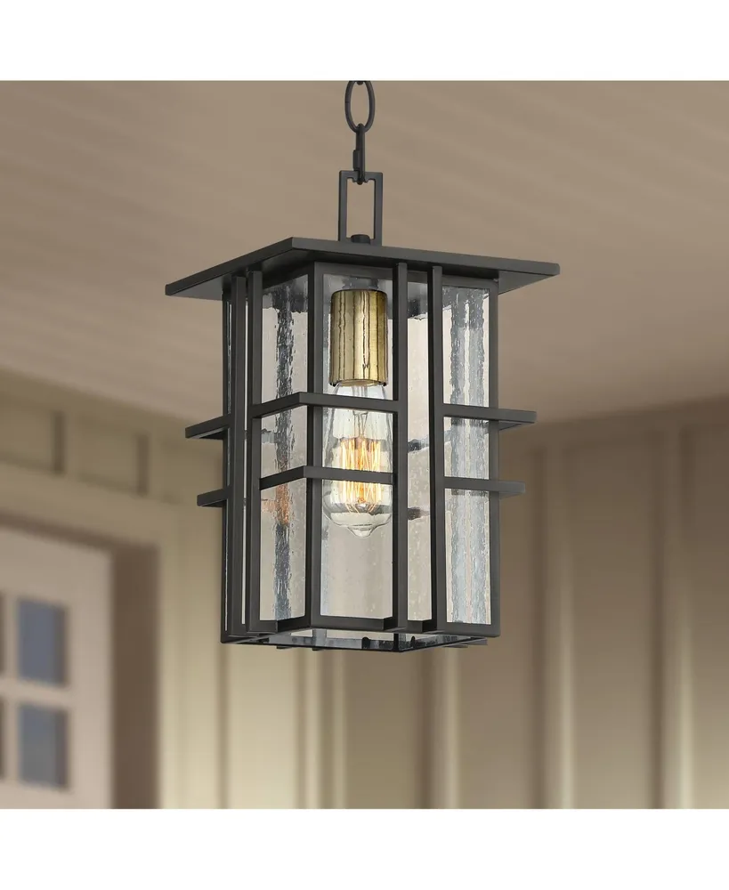 Possini Euro Design Arley Modern Outdoor Hanging Ceiling Light Fixture Black Geometric Frame 12 1/2" Seedy Glass for Exterior Barn Deck House Porch Ya