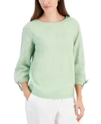 Charter Club Women's 100% Linen Eyelet-Embroidered 3/4-Sleeve Top, Created for Macy's