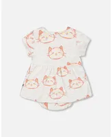Baby Girl Organic Cotton Printed Romper Heather Beige With Cat - Infant