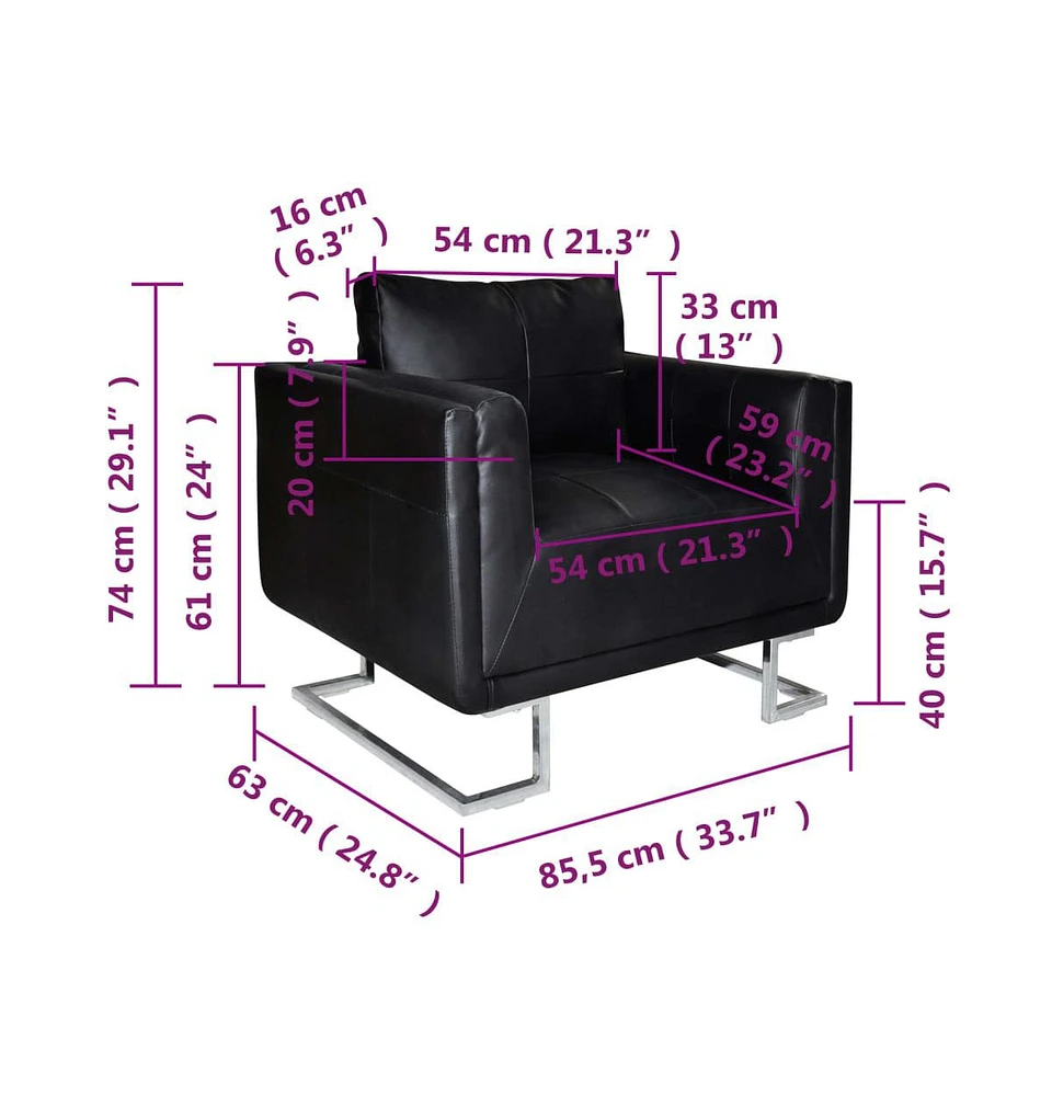 vidaXL Cube Armchair with Chrome Feet Black Leather