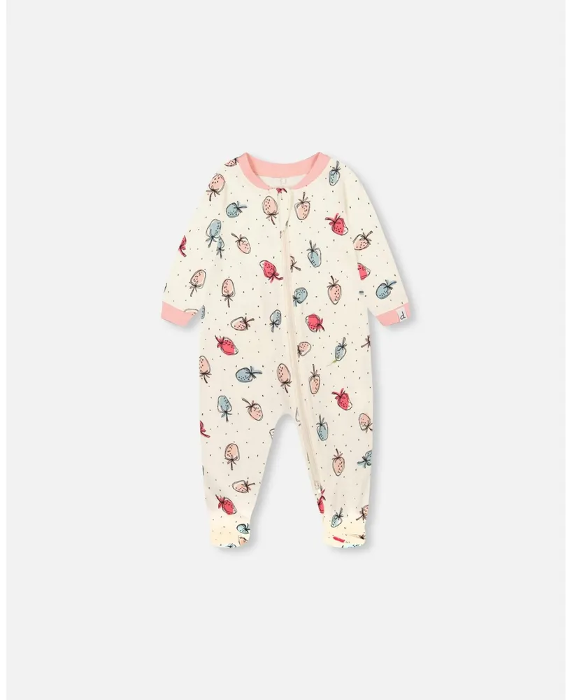 Baby Girl Organic Cotton One Piece Pajama Off White Printed Strawberry - Infant