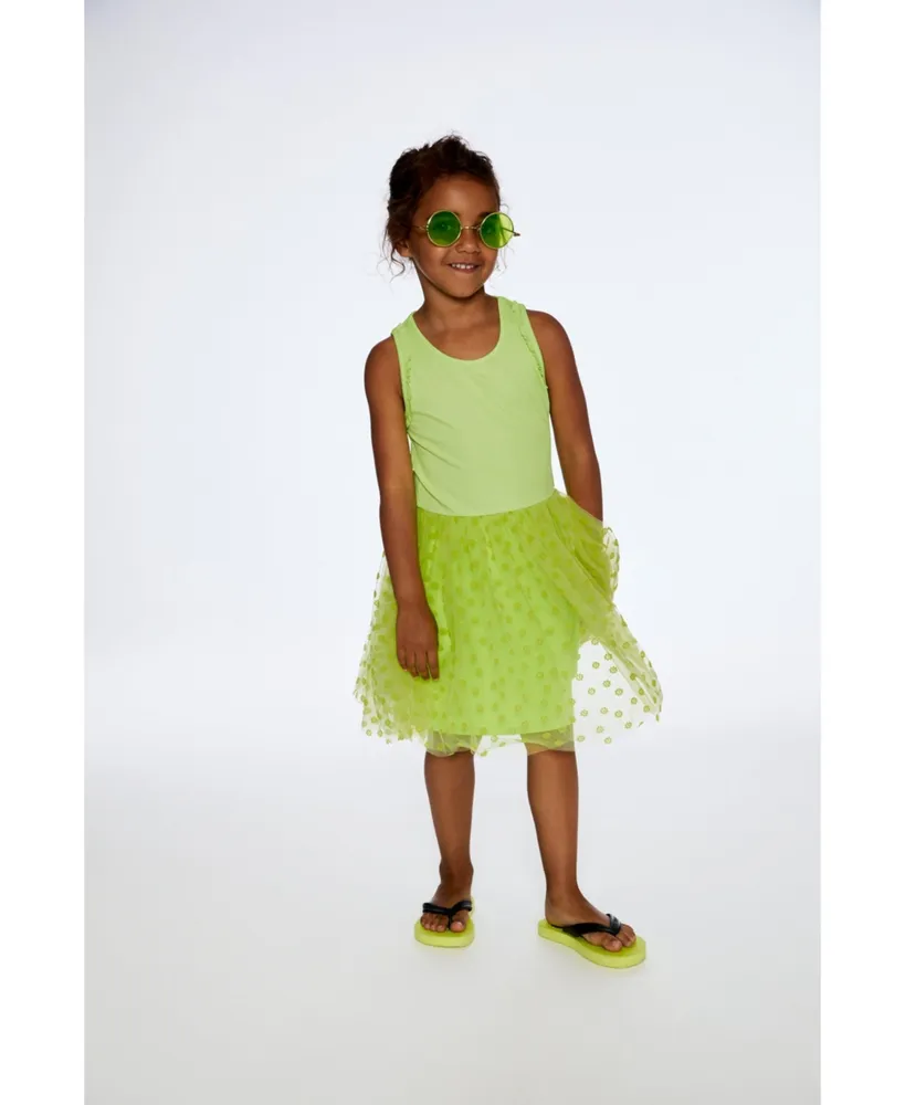 Girl Shiny Ribbed Dress With Mesh Flocking Flowers Lime