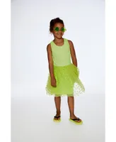 Girl Shiny Ribbed Dress With Mesh Flocking Flowers Lime