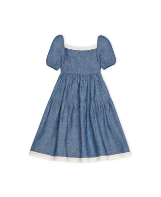 Hope & Henry Girls' Short Bubble Sleeve Crochet Trim Chambray Dress