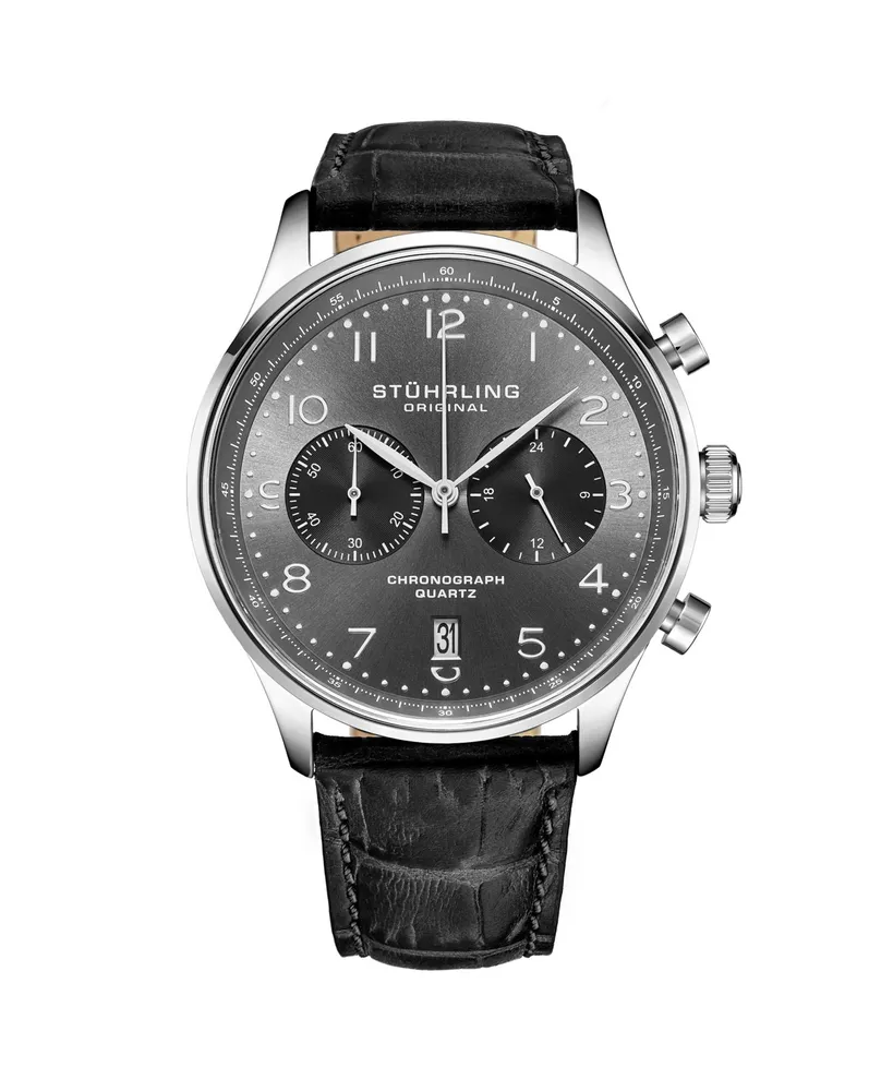 Men's Chrono, Silver Case, Gun Metal Grey Dial, Black Leather Strap Watch