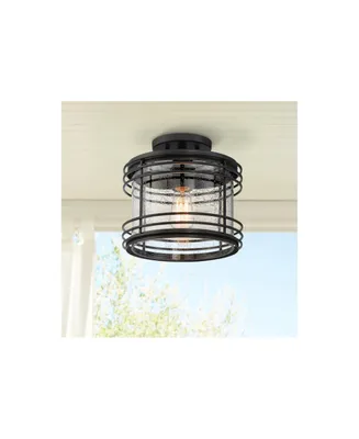 Mackie Modern Outdoor Semi Flush-Mount Ceiling Light Fixture Black Geometric 11" Clear Seedy Glass for Exterior House Porch Patio Outside Deck Garage