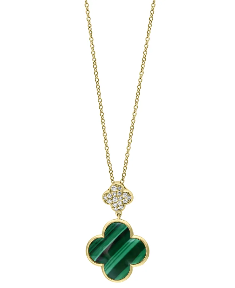 Effy Malachite & Diamond (1/8 ct. t.w.) Clover 18" Pendant Necklace in 14k Gold